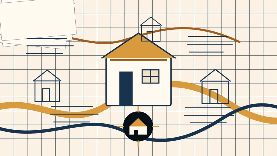 Line-art neighborhood commons with homes, civic buildings, papers, and the Four Porches symbol.